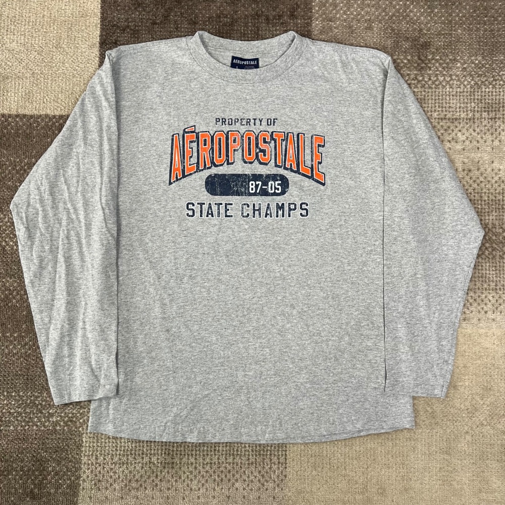 Y2K Aeropostale Mens Large Long Sleeve Graphic T-Shirt Gray State Champs 87-05